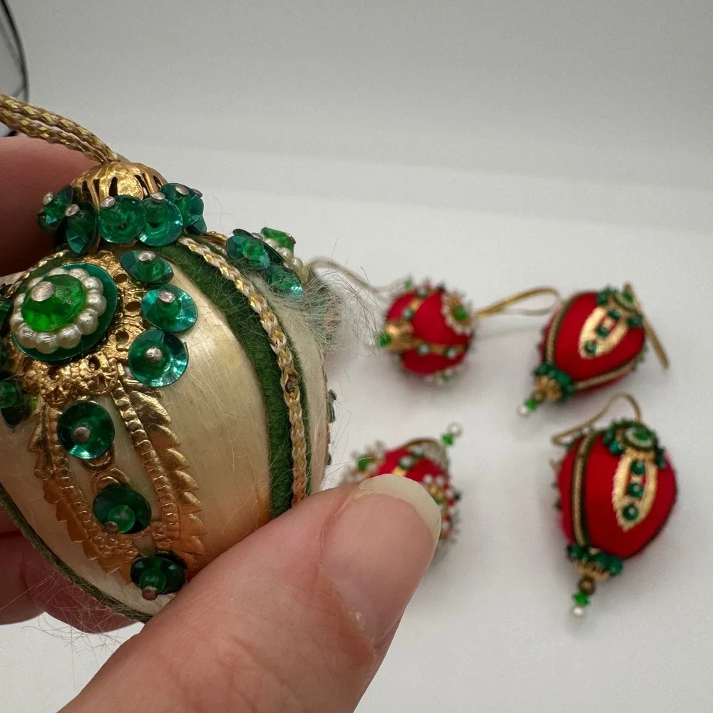 Vintage Handmade Satin Push Pin Christmas Ornaments Set of 10 Beaded Sequin Mid